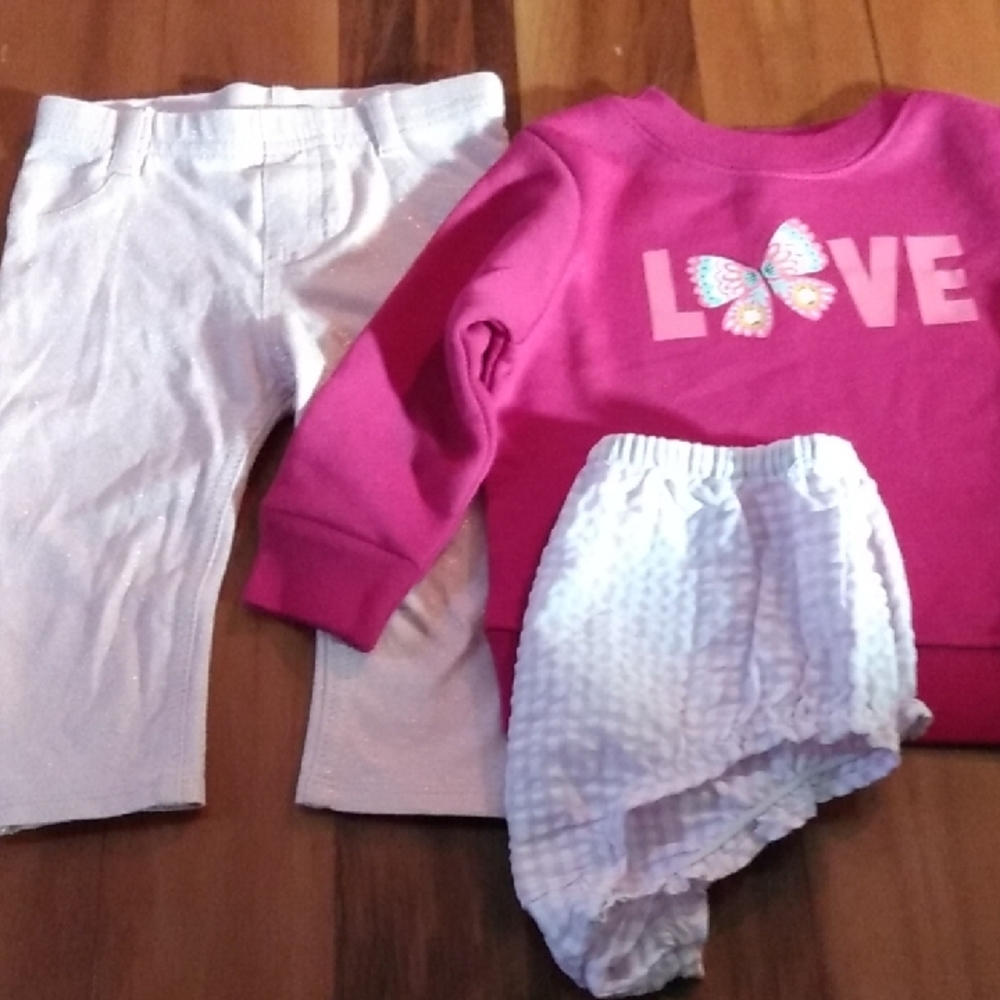 Garanimals 6-9 Months Girls Outfit Sweatshirt, Sparkly Leggings & Bloomer Set